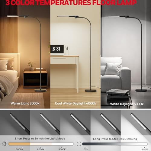 Image of Honeywell LED Floor Lamp with Remote, CRI97 Dimmable Gooseneck 77 inch Black