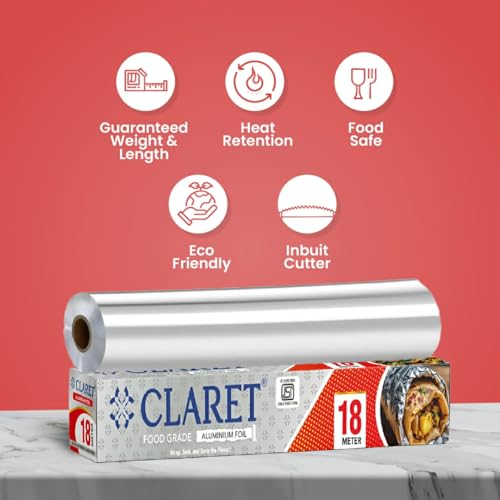 Image of Claret Food Grade Aluminium Foil Roll | 18 Meter | Kitchen Foil for Wrapping Roti Snacks Tiffin | Durable and Hygienic Foil Paper (Pack of 1)