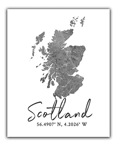 Scotland Map Wall Art Print - 8x10 Silhouette Decor Print with Coordinates. Makes a Great Scottish-Themed Gift. Shades of Grey, Black & White.