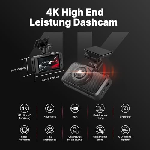 Miofive 4K Dashcam Auto GPS, WiFi Auto Kamera, Bluetooth, Dash Cam Auto 5.8GHz, 3-Zoll-IPS-Display...