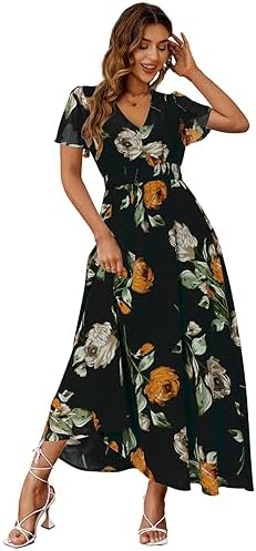 Simplee Vestido longo feminino casual boho floral rodado férias praia vestido longo decote em V manga curta vestido de convidada de casamento