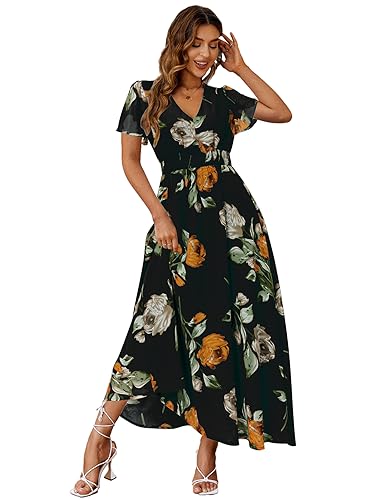 Simplee Vestido longo feminino casual boho floral rodado férias praia vestido longo decote em V manga curta vestido de convidada de casamento
