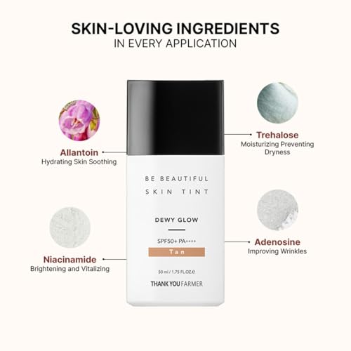 Image of THANKYOU FARMER Be Beautiful Skin Tint (Tan) 3-in-1 Hydrating Tinted Moisturizer, Primer & SPF50+ Sun Protection, Lightweight Daily Base Makeup, Natural Sheer Coverage, Even Skin Tone, Breathable, Dewy Finish for All Skin Types (50ml)