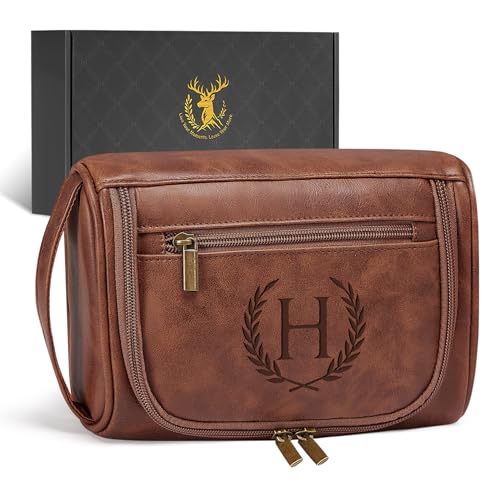 Aganmi Personalized PU Leather Travel Toiletry Bag for Men Engraved Initial