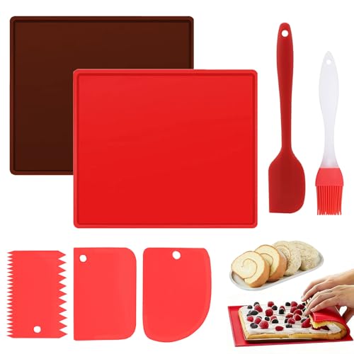 Silikon Backmatte mit Rand, 2 Stück Swiss Roll Cake Mat, Rutschfest Silikon Backblech Rollmatte Backblech-Auflage für Biskuitrollen Gebäck Waffeln(31 x 26 x 0.9 cm)