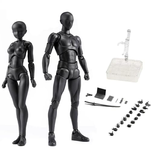 Huijokf デッサンモデル デッサン人形素体漫画 モデル人形 女性お絵かきマネキンフィギュアモデル モデルデッサン モデル人形1/12 小道具 スタンド付き ドールタイプ 素体 (ブラック-男性と女性)のサムネイル