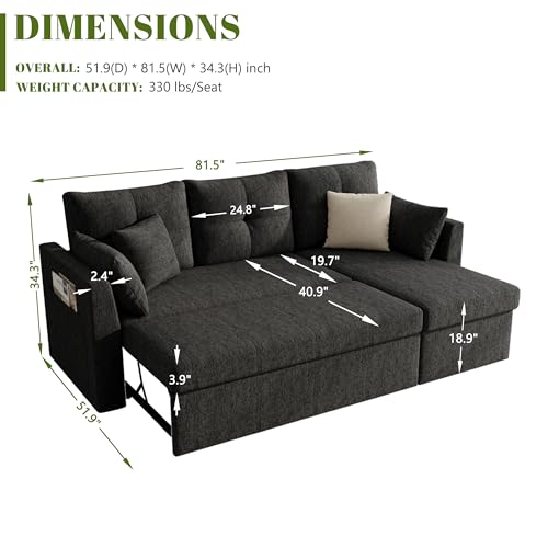Image of Huatean Home Sleeper Couch Sofa, Sectional Sleeper Sofa Bed with Side Pocket for Living Room, 2 in 1 Pullout Couch Bed with Storage Chaise, Black