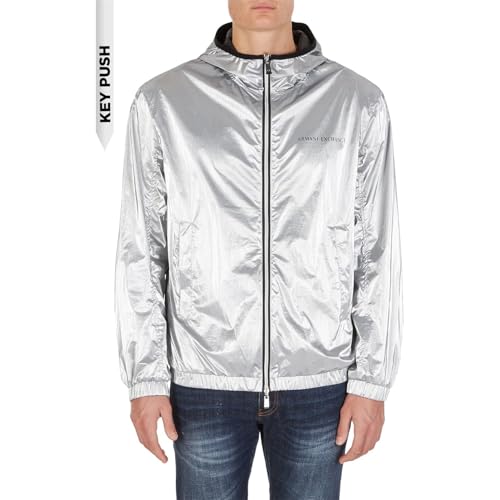 Image of Armani Exchange Men's Reversible Shiny Metallic Linear Logo Nylon Jacket
