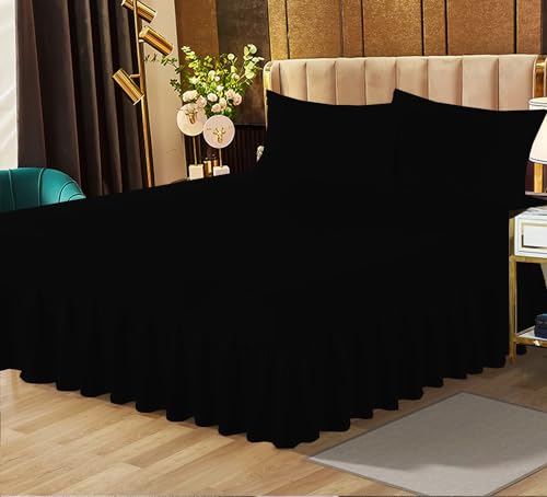 Valance Sheet for Small Double Bed Extra Deep Plain Dyed Non Iron Poly Cotton Bed Mattress Cover - Black - 122 X 190 + 25 cm