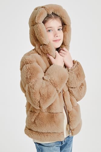 Image of Giolshon Girls Faux Fur Fleece Jacket Sherpa Fuzzy Hoodie Winter Coat with Full Zip Fluffy Outerwear 2169