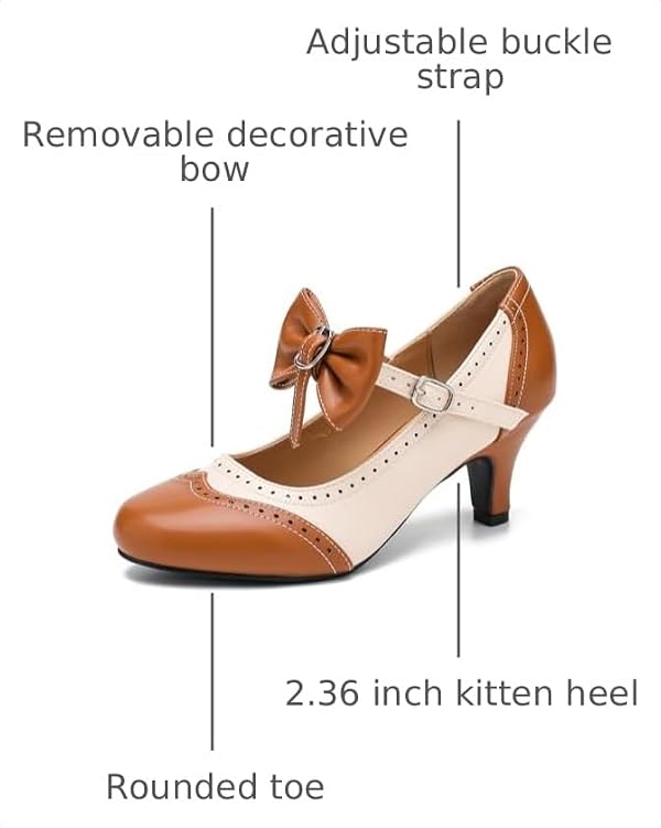 LIURUIJIA Women's Mary Jane Heels Vintage Two Tone Bow Pumps Round Toe Kitten Heel Dress Shoes for Wedding Tea Party Date Night Brown 8 by LIURUIJIA - Used condition - Image 3