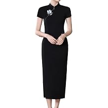 HEARTTOUCH Women Embroidery Cheongsam Black Qipao Chinese Traditional Party Cocktail Dress Slim Fit for Event