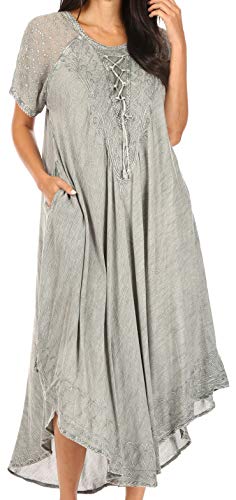 Image of Sakkas Egan Long Embroidered Caftan Dress /Cover Up with Embroidered Cap Sleeves