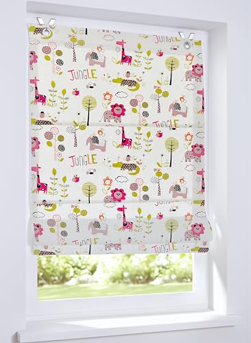 Buntes Ösenrollo Safari, Kinderraffrollo mit Tiermotiv, lichtfilternd und Blickdicht in der Größe 80 x 130 cm