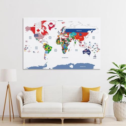 すべての国とその国旗が描かれた世界地図のポスター バスルーム ベッドルーム リビング装飾 キャンバス ウォールアート プリント08x12inch(20x30cm) [4]