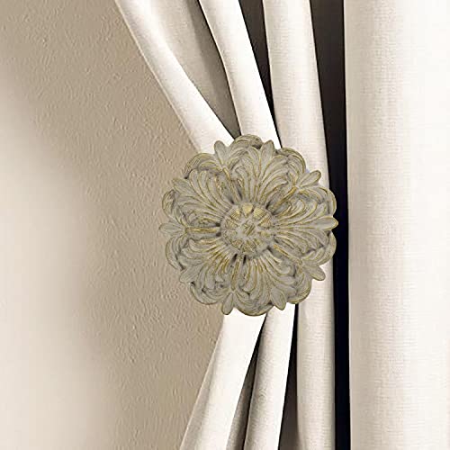 Meriville Set Of 2 Fleur Window Drapery Medallion Holdbacks, Curtain Tiebacks, Wall Hook, Tassel Holder, French White With Gold #TOP1