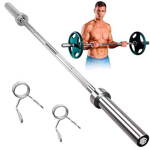 ManiBoom Barra Pesas RECTA 120 cm de 8,5kg para Discos y Pesas de Ø50mm - Barra de MUSCULACION para Biceps y Triceps Halterofilia Crossfit - Barra Gimnasio con Cierres de Resorte (120 cm - Recta)