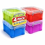 1InTheOffice Plastic Storage Bin with Lid, Stackable Mini Container 0.15 Quart, Assorted Colors, Clear, 4 Pack