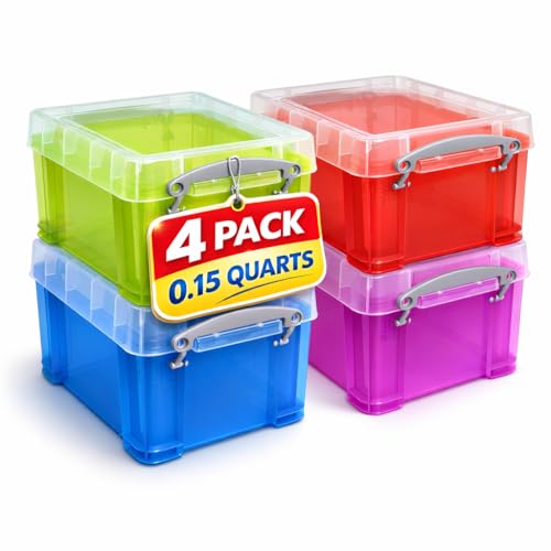 1InTheOffice Plastic Storage Bin with Lid, Stackable Mini Container 0.15 Quart, Assorted Colors, Clear, 4 Pack