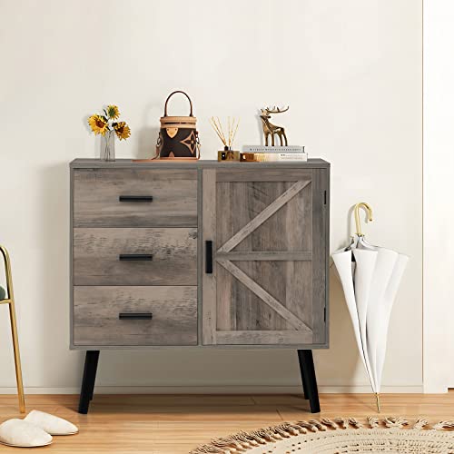 Weenfon Storage Cabinet With 3 Drawers & Barn Door, Mid Century Floor Cabinet With Adjustable Shelf, Buffet Cabinet, Wooden Accent Cabinet For Living Room, Bedroom, Dining Room, Rustic Oak #TOP4
