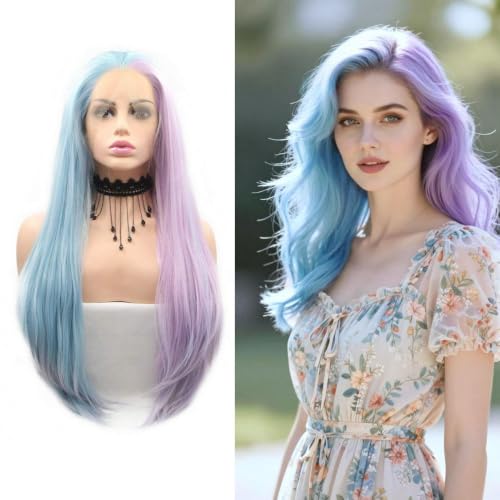 SERENEWIG Long Straight Wigs Pre Plucked Heat Resistant Fiber Half Blue Half Purple Hair Synthetic Lace Front Wigs for Women Daily Use &Party&Halloween Costume Wigs Drag Queen 24"