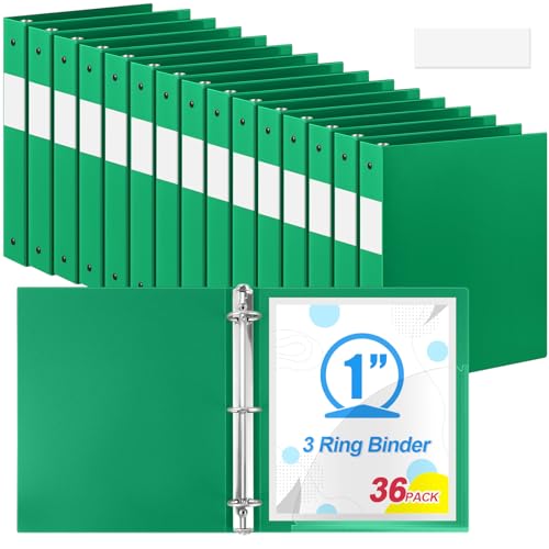 Image of Skyygemm 36 Pack 1 Inch 3 Ring Plastic Binders, Bulk Flexible PP Binders for Classroom & School Supplies, Letter Size 8.5 x 11, Holds 240 Sheets with Interior Pocket (Green)