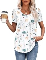 MOLERANI T Shirts for Women UK Round Neck Loose Casual Puff Short Sleeve Summer Tee Tops Front Pleated T Shirt Elegant Flowers S