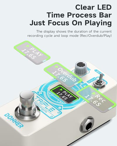 Donner Triple Looper Guitar Effect Pedal | Loop Pedal with Screen, 3 Loops 30 mins Looping Time, Unlimited Overdubs Undo/Redo True Bypass