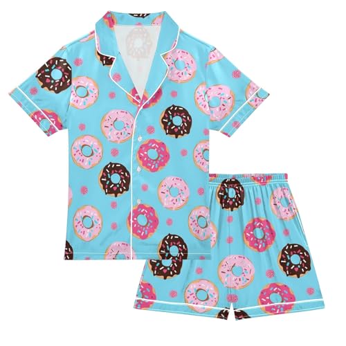 Cute Pink Cartoon Donuts Summer Satin Pajama Set, Cute Button-Down Sleepwear Pj Set for Sleep Wears
