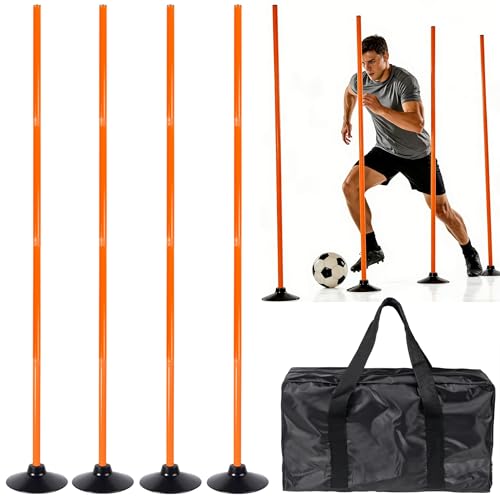 4 Pack Soccer Agility Training Poles, 5 FT Adjustable Speed and Agility Training Equipment for Football/Basketball/ Dog Practice, Bending Poles for Horses with Rubber Bases and Carry Bag (Orange)