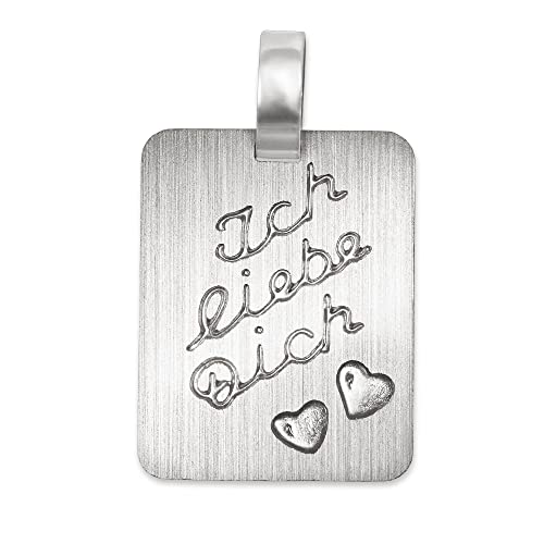 CLEVER SCHMUCK Silberner Anhänger rechteckige Form abgerundet matt mit Gravur Ich Liebe Dich und 2 kleinen glänzenden Herzen Sterling Silber 925 im Etui rot für Verliebte
