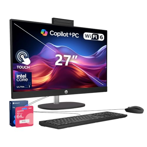 Image of HP 27 inch FHD Touchscreen Ultra 7 255U All-in-One Desktop, 16GB DDR5 512GB SSD | Wired Keyboard & Mouse, Wi-Fi 6, Copilot AI PC, Pop-up Privacy Camera, Windows 11 Pro, Bundle with 64GB Flash Drive