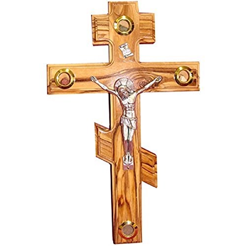 Bethlehem Gifts TM Handcarved Olive Wood Russian Eastern Orthodox Lens Patriarchal Crucifix Cross (6 inches)