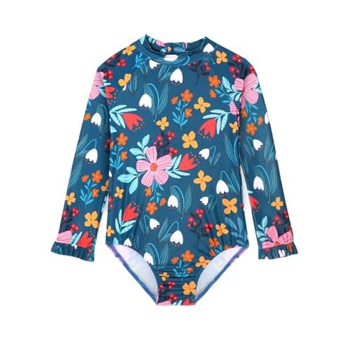 Long Sleeve One Piece Ruffle Swimsuit for Toddler Girls Baby Girl Rashguard Shirt with UPF 50+ Sun Protection Green Flower 3-4T