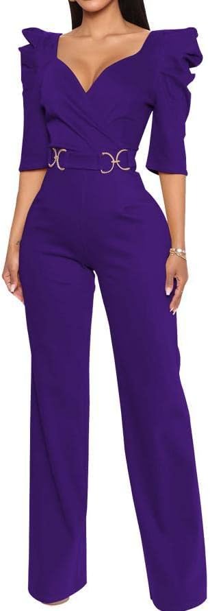 DinyIn Women's Elegant Purple Jumpsuit Sexy V-Neck Puff Sleeves Pant Suits Dressy Wide Leg Evening Party Jumpsuits with Belt,XX-Large