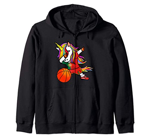 Funny Dabbing Unicorn Portugal Basketball - Portuguese Flag Zip Hoodie, Black