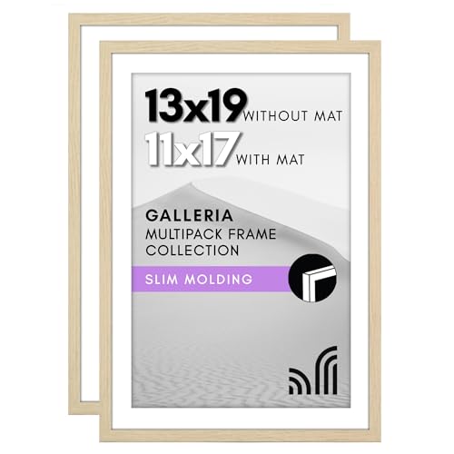 Americanflat 13x19 Picture Frame with Polished Plexiglass - Set of 2 - Use as 11x17 Frame with Mat or Display 13x19 Photo Without Mat - Galleria Collection - Picture Frames for Wall - Natural Oak