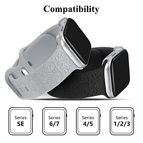 2 Pack Flower Engraved Sport Strap Compatible With Apple Watch Bands 38Mm 42Mm,Floral Skull Engraved Soft Silicone Sport Wristbands Cute Rose Fadeless Pattern Replacement Strap For Iwatch Series Se 7 6 5 4 3 2 1 For Women Men, Black 38/42Mm #TOP2