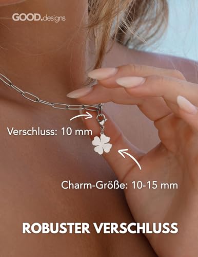 GD GOOD.designs Charms Anhänger Kleeblatt mit Karabiner-Verschluss | Silberner Kettenanhänger aus 316L Edelstahl | Charm für Bettelarmband in Silber | Wasserfest & Hypoallergen