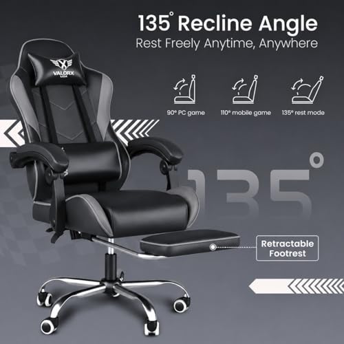 Image of ValorX USA Vector 2026 Edition I Ergonomic Gaming & Computer Chair in PU Leather | Dual Massager Back Cushion | Adjustable Neck & Lumbar Support | Ergo-Sync Armrests | Retractable Footrest (Grey)