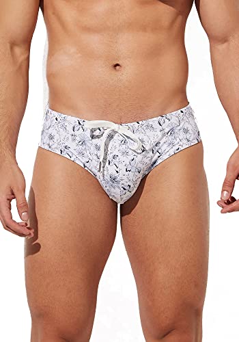 Mens Removable Pad Quick Dry Print Swim Briefs Adjustable Drawstring Surfing Short