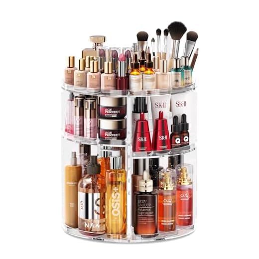 Auxmir Organizador de Maquillaje, Giratorio 360°, Organizador para Perfumes Cremas Pintalabios Skincare, Almacenaje Cosméticos con Capas Ajustables para Tocador Baño, Gran Capacidad