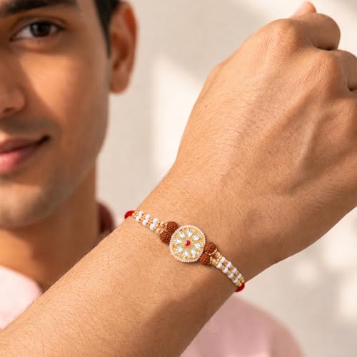 Image of Peora Rakhshabandhan Thread Rakhi for Brother Bhaiya | Crystals & Kundan Studded | Combo, Set of 3 | Rakhi Hamper with Roli Chawal & Greeting Card