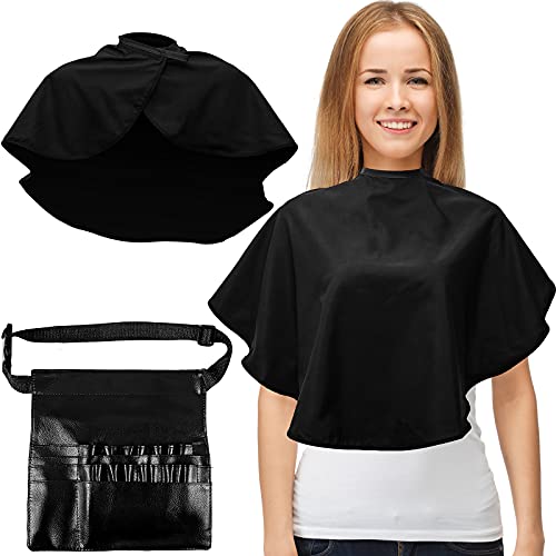 Black Makeup Cape and Cosmetic Makeup Brush Bag with Belt Strap Salon Hair Dye Coloring Cape Comb-Out Cape Makeup Brushes Organizer Bag for Beauty Salon and Home Use
