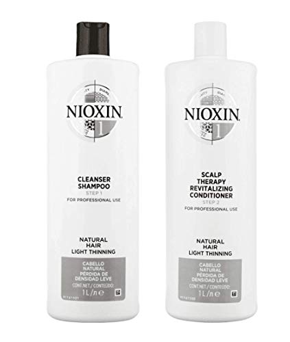 Nioxin Sistema 1 limpiador y terapia del cuero cabelludo Duo Set para cabello normal a delgado, 33 oz (1 litro)