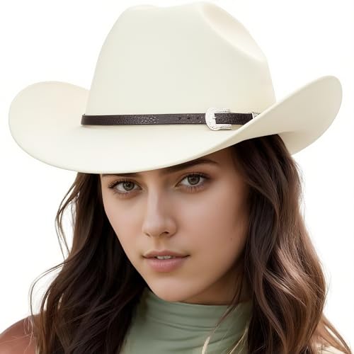 NALACAL Western Felt Cowboy Hat Men Women Retro Brown Western Cowboy Hat Bling Rhinestone Decor with Eyelets Felt Cowgirl Hats Glitter Rodeo Fedora Hat (Beige)