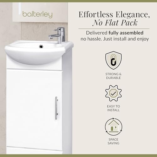 Balterley Vanity Unit with Basin Floor Standing, Soft Close Single Door with Curve Sink and Handle, Bathroom Vanity Units with Basin, Bathroom Sink Storage Cabinet - 400 x 200 x 780mm (White) - Image 4