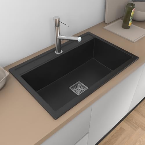 Image of HARDSTONE Premium Quartz Kitchen Sink (30x20x9 Inch) | Matt Black Granite Single Bowl Sink | Top Mount | SS Square Waste Coupling & PVC Drain Pipe | Scratch, Heat & Stain Resistant | 10-Year Warranty