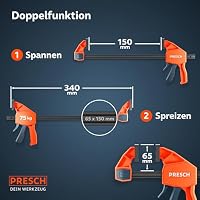 PRESCH Einhandzwingen 150mm & 300mm 4 Stk. – Zwingen Set mit 75kg Spannkraft für sofortiges Fixieren – Robuste Schnellspannzwingen dank Carbonstahl & glasfaserverstärktem Gehäuse – Mit Spreizfunktion – Ansicht 4