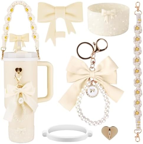 Fit for Stanley Cup Accessories Set,40oz & 30oz Tumbler Accessories Including Bow Straw Topper Cover,2.95in Silicone Bling Boot,Bow Pearl Charms,Water Bottle Handle Strap for Women